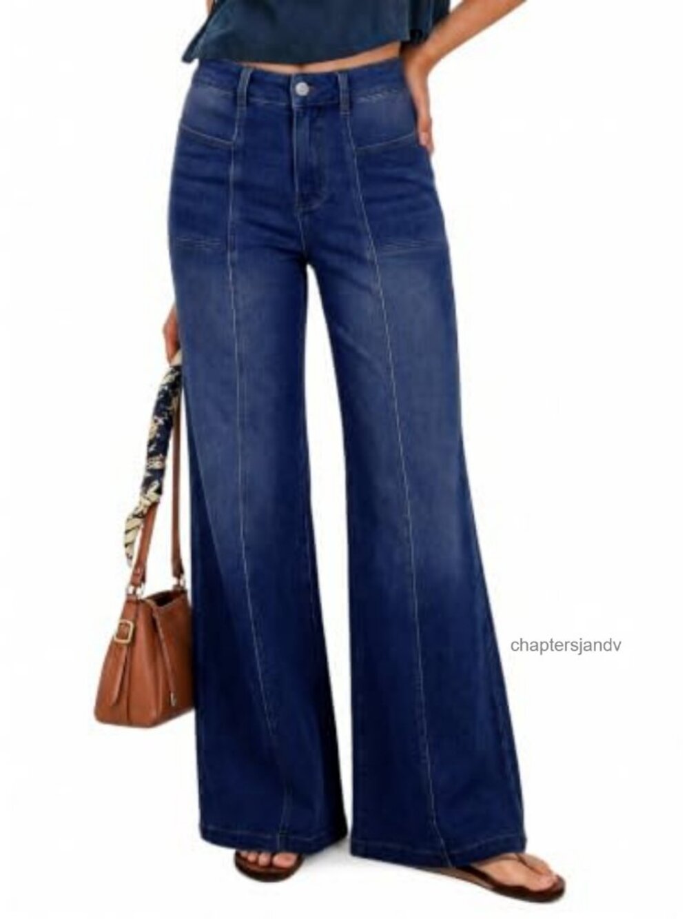 High Waisted Wide Leg Flared Jeans Stretchy Knit Denim Pants with Pockets
